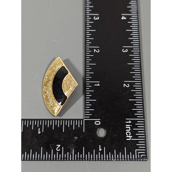 Vintage Golden Glitter Black Enamel Fan Brooch Pin Art Deco - Picture 6 of 6